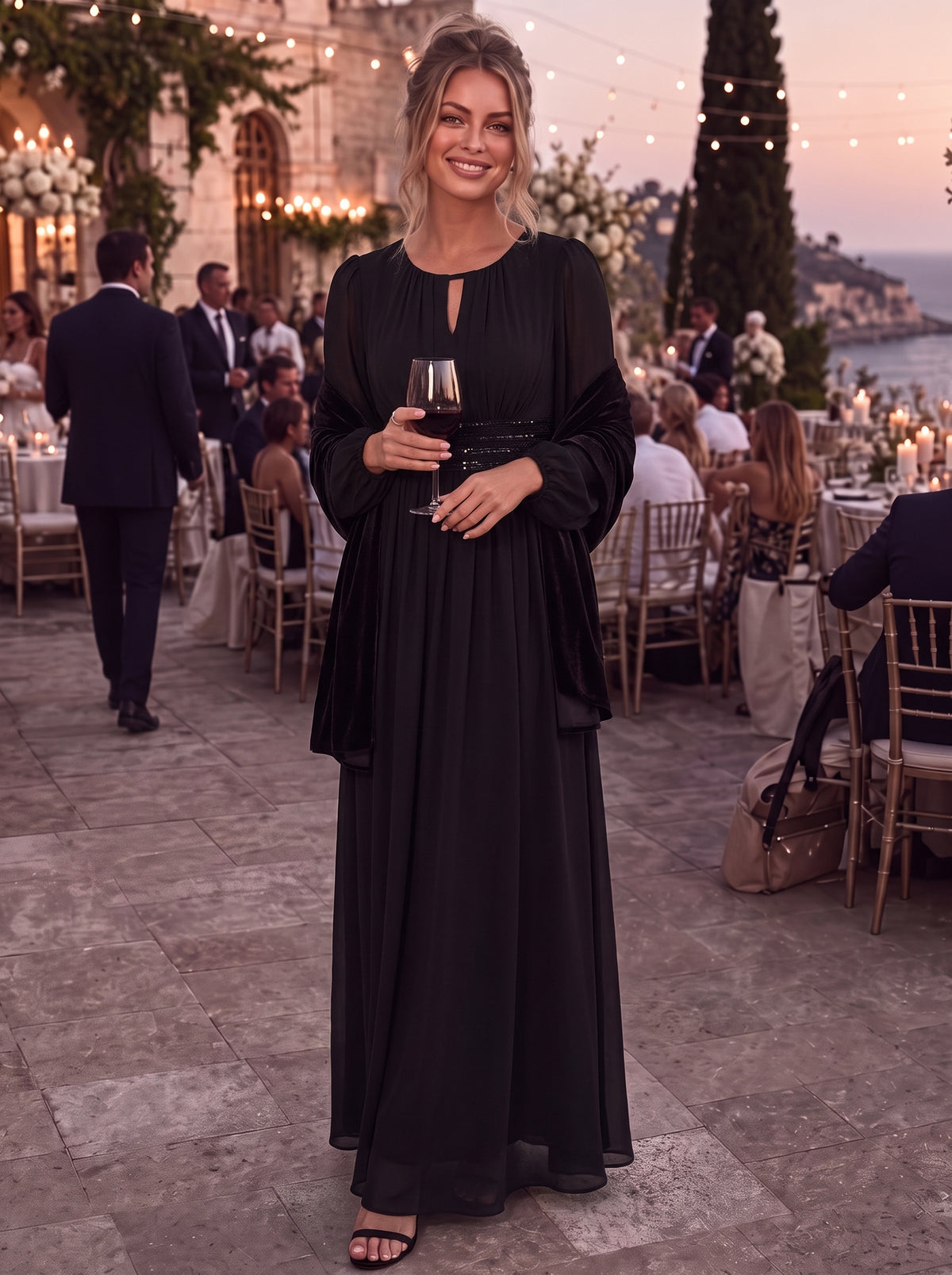Chiffon A-Linie Puffärmel,. Nicht elastisch brautjungfernkleid #Farbe_Schwarz