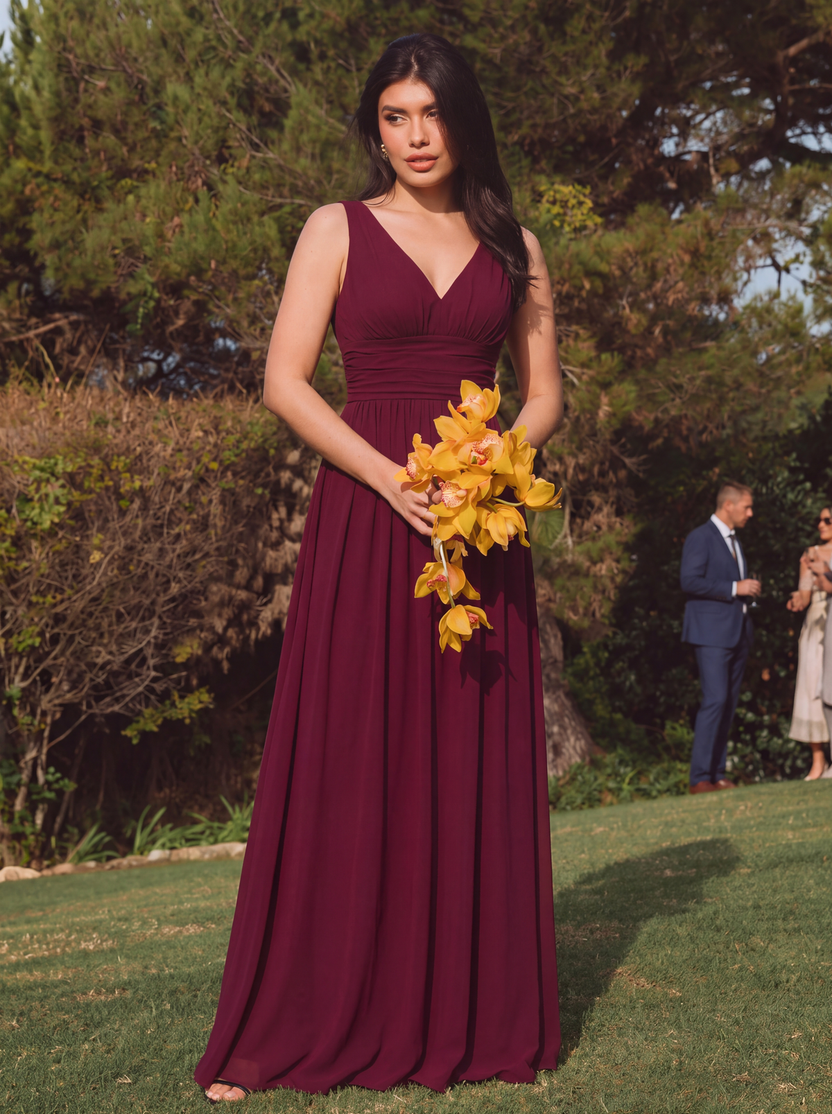 Bodenlanger A-Linien Chiffon Kleid Mit Tiefem V-Ausschnitt Eleganz Kleid #Farbe_Burgunderrot