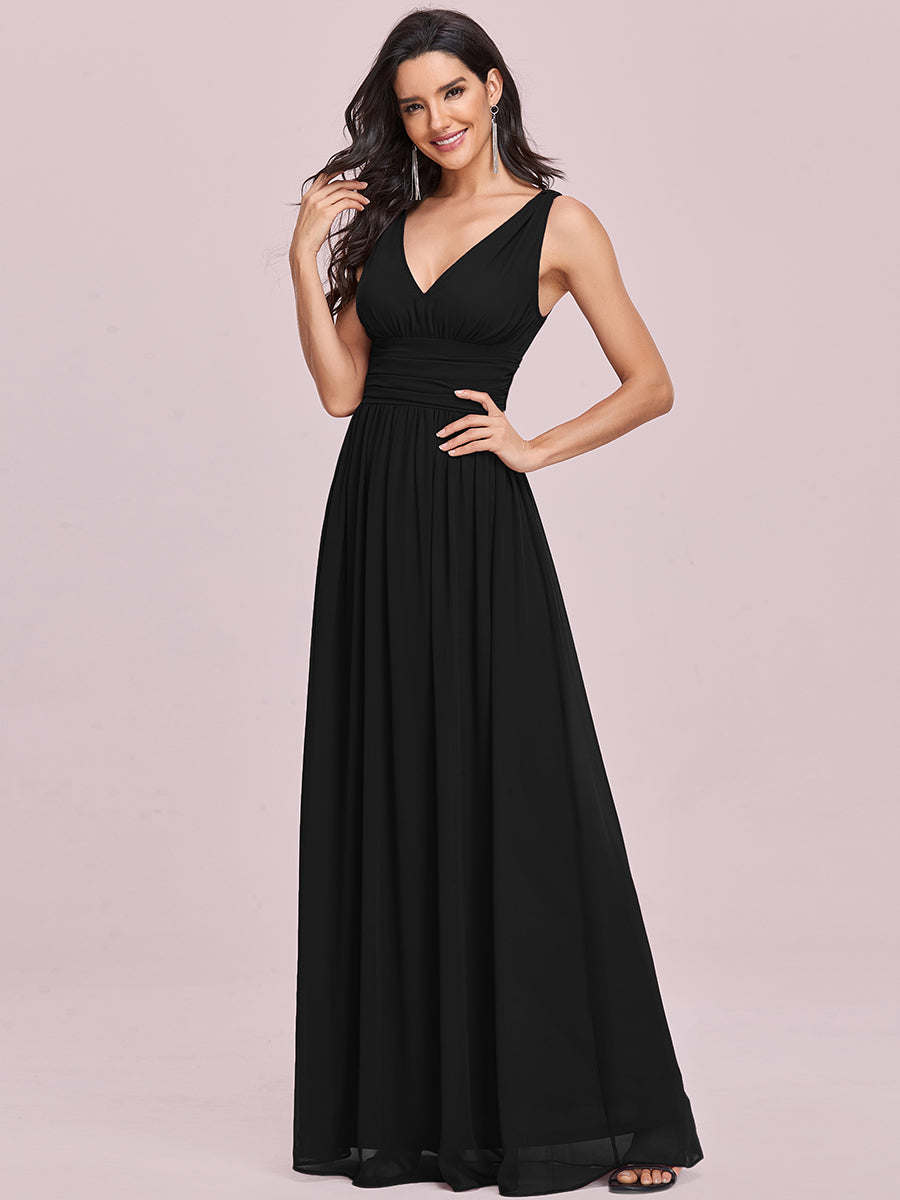Bodenlanger A-Linien Chiffon Kleid Mit Tiefem V-Ausschnitt Eleganz Kleid #Farbe_Schwarz
