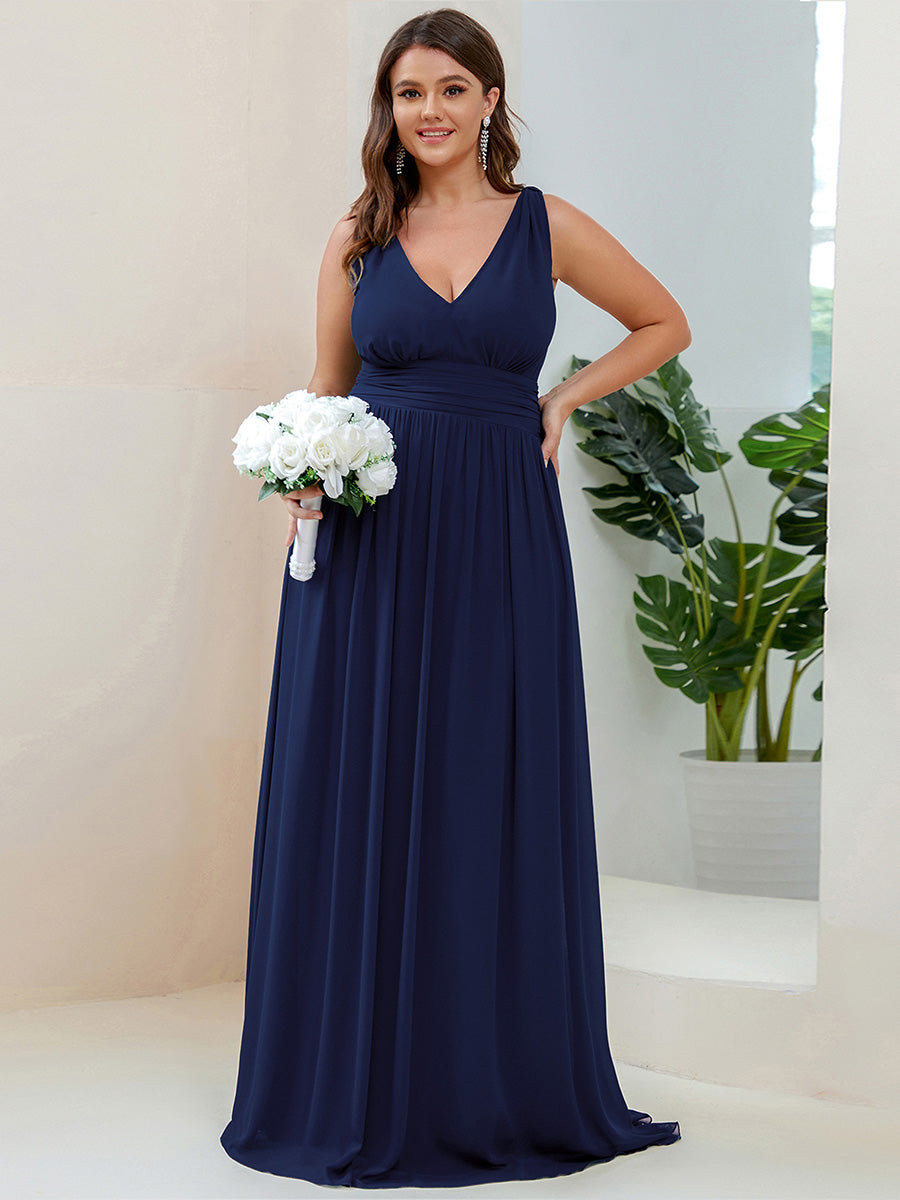 Bodenlanger A-Linien Chiffon Kleid Mit Tiefem V-Ausschnitt Eleganz Kleid #Farbe_Marineblau