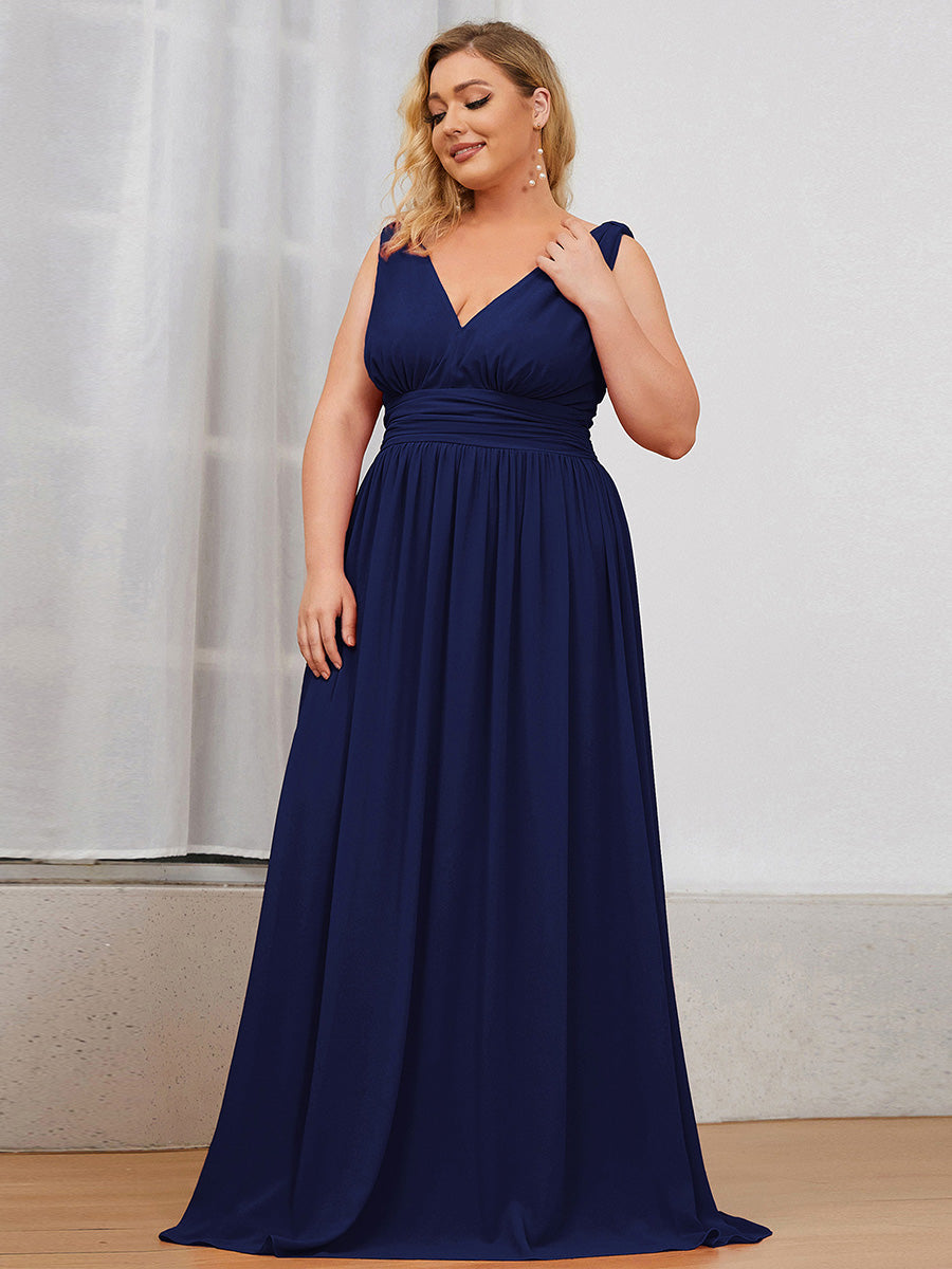 Bodenlanger A-Linien Chiffon Kleid Mit Tiefem V-Ausschnitt Eleganz Kleid #Farbe_Marineblau