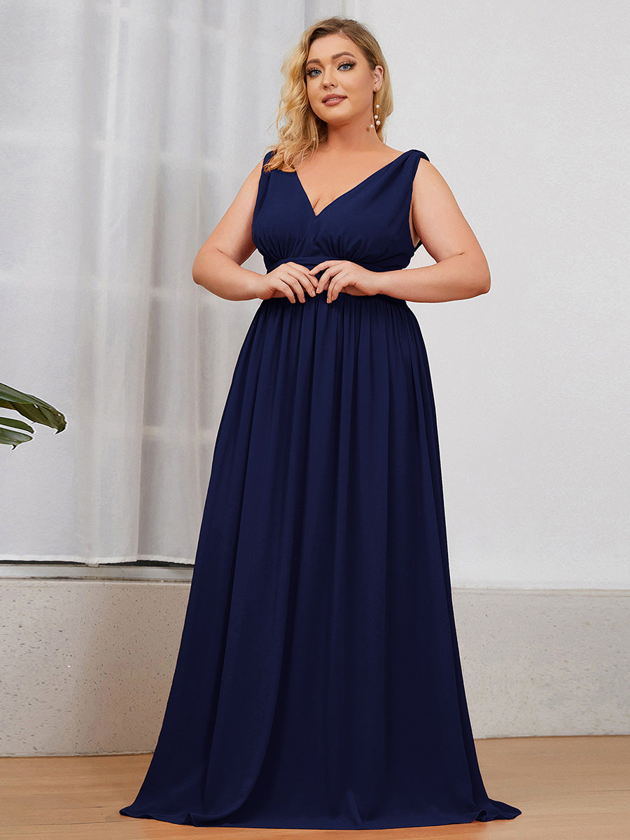 Damen V-Ausschnitt Lange Chiffon Abendkleider Festkleider 09016 #farbe_Marineblau