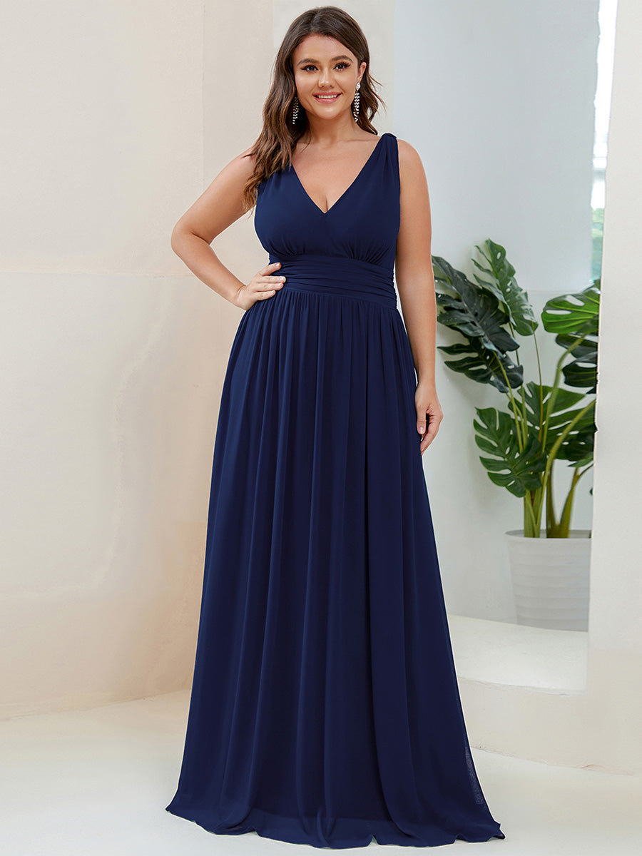 Bodenlanger A-Linien Chiffon Kleid Mit Tiefem V-Ausschnitt Eleganz Kleid #Farbe_Marineblau