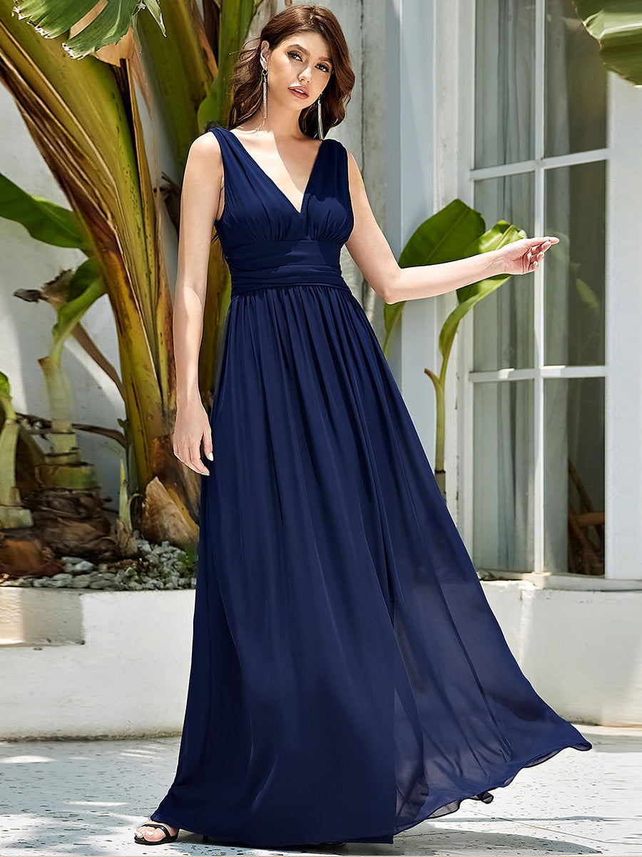 Bodenlanger A-Linien Chiffon Kleid Mit Tiefem V-Ausschnitt Eleganz Kleid #Farbe_Marineblau