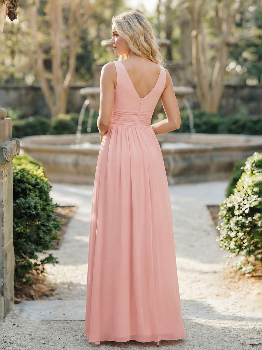 Damen V-Ausschnitt Lange Chiffon Abendkleider Festkleider 09016 #farbe_Rosa