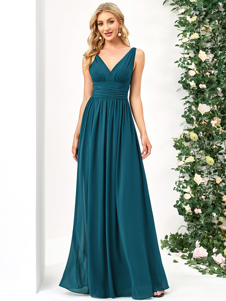 Bodenlanger A-Linien Chiffon Kleid Mit Tiefem V-Ausschnitt Eleganz Kleid #Farbe_Petrol