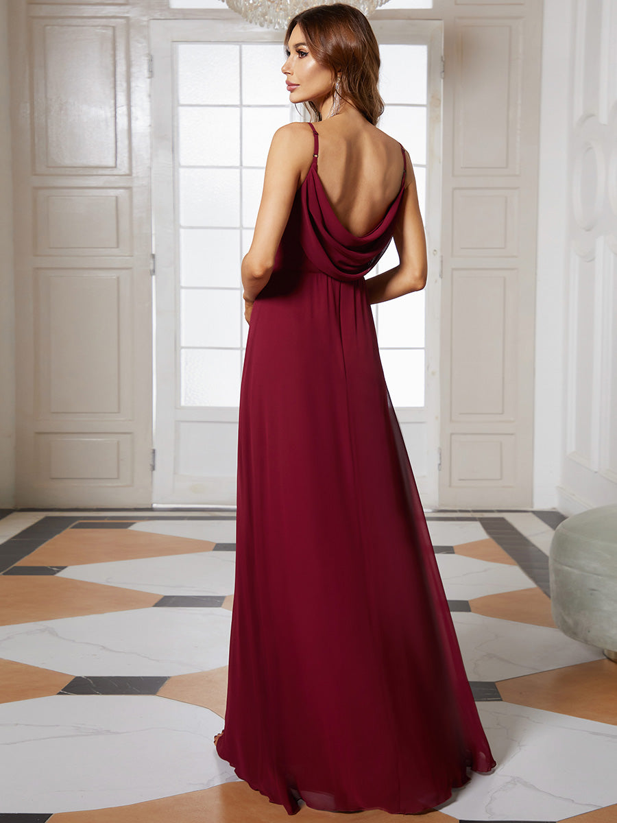 Bodenlanger V-Ausschnitt A-Linie Chiffon Kleid Plissiert Rückenfrei Eleganz Kleid #Farbe_Burgunderrot