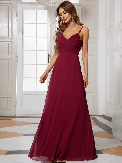 Bodenlanger V-Ausschnitt A-Linie Chiffon Kleid Plissiert Rückenfrei Eleganz Kleid #Farbe_Burgunderrot