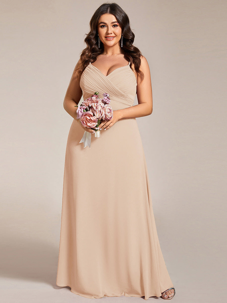 Bodenlanger V-Ausschnitt A-Linie Chiffon Kleid Plissiert Rückenfrei Eleganz Kleid #Farbe_Blush-Rosa