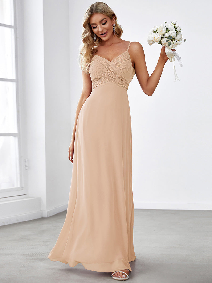 Bodenlanger V-Ausschnitt A-Linie Chiffon Kleid Plissiert Rückenfrei Eleganz Kleid #Farbe_Blush-Rosa