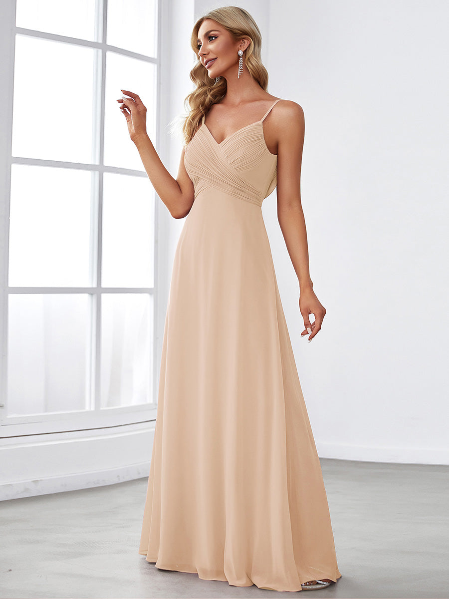 Bodenlanger V-Ausschnitt A-Linie Chiffon Kleid Plissiert Rückenfrei Eleganz Kleid #Farbe_Blush-Rosa
