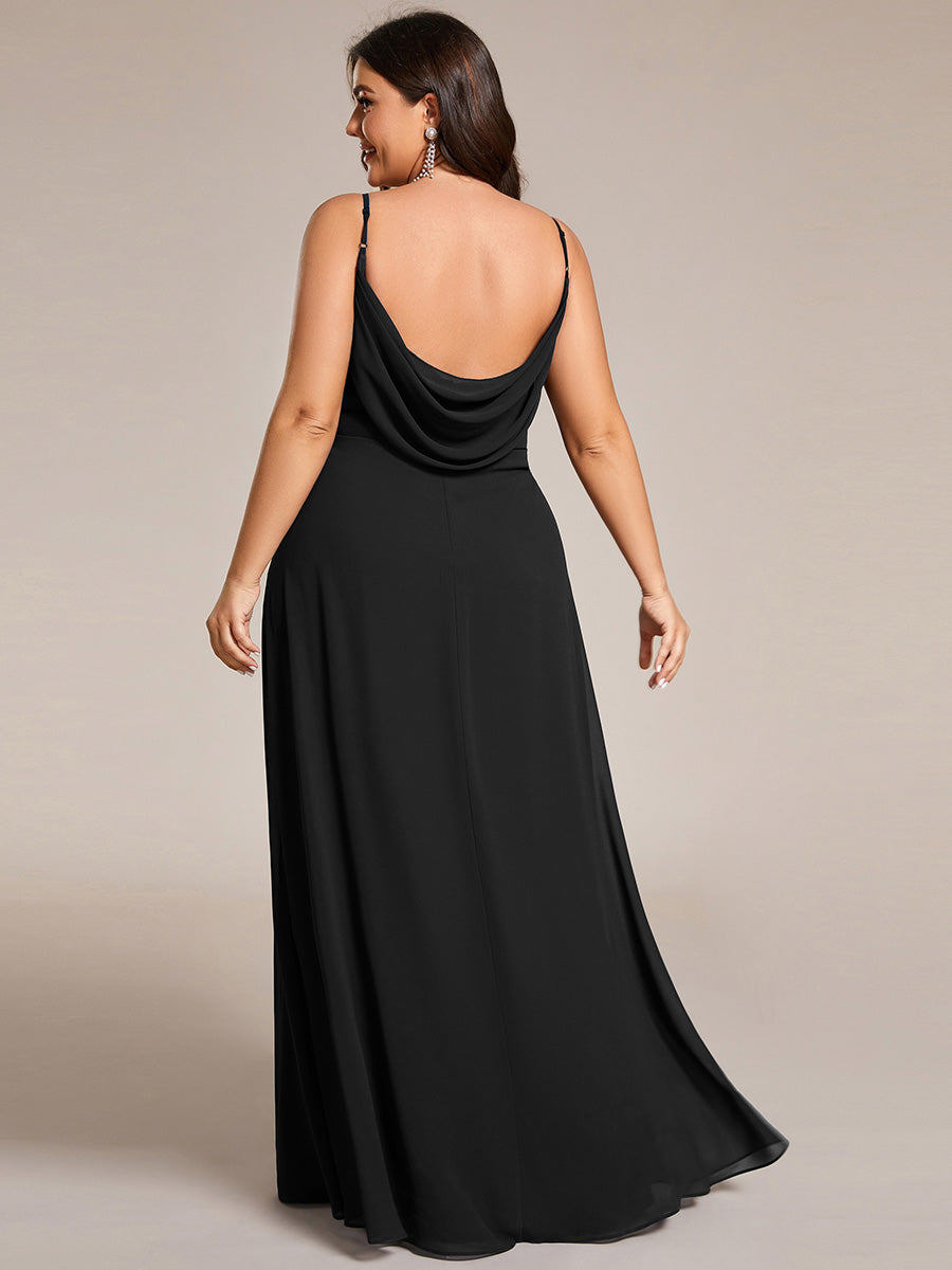 Bodenlanger V-Ausschnitt A-Linie Chiffon Kleid Plissiert Rückenfrei Eleganz Kleid #Farbe_Schwarz