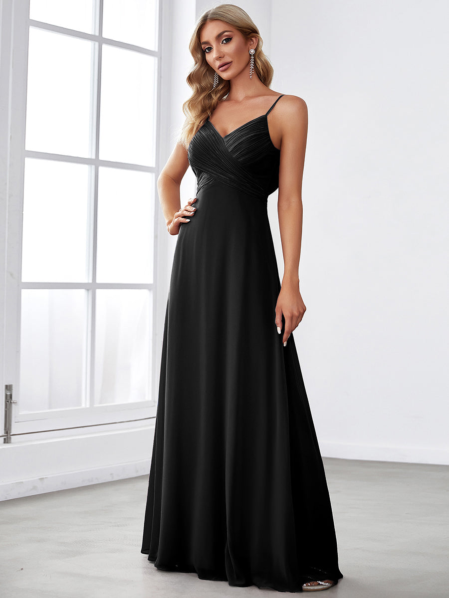 Bodenlanger V-Ausschnitt A-Linie Chiffon Kleid Plissiert Rückenfrei Eleganz Kleid #Farbe_Schwarz