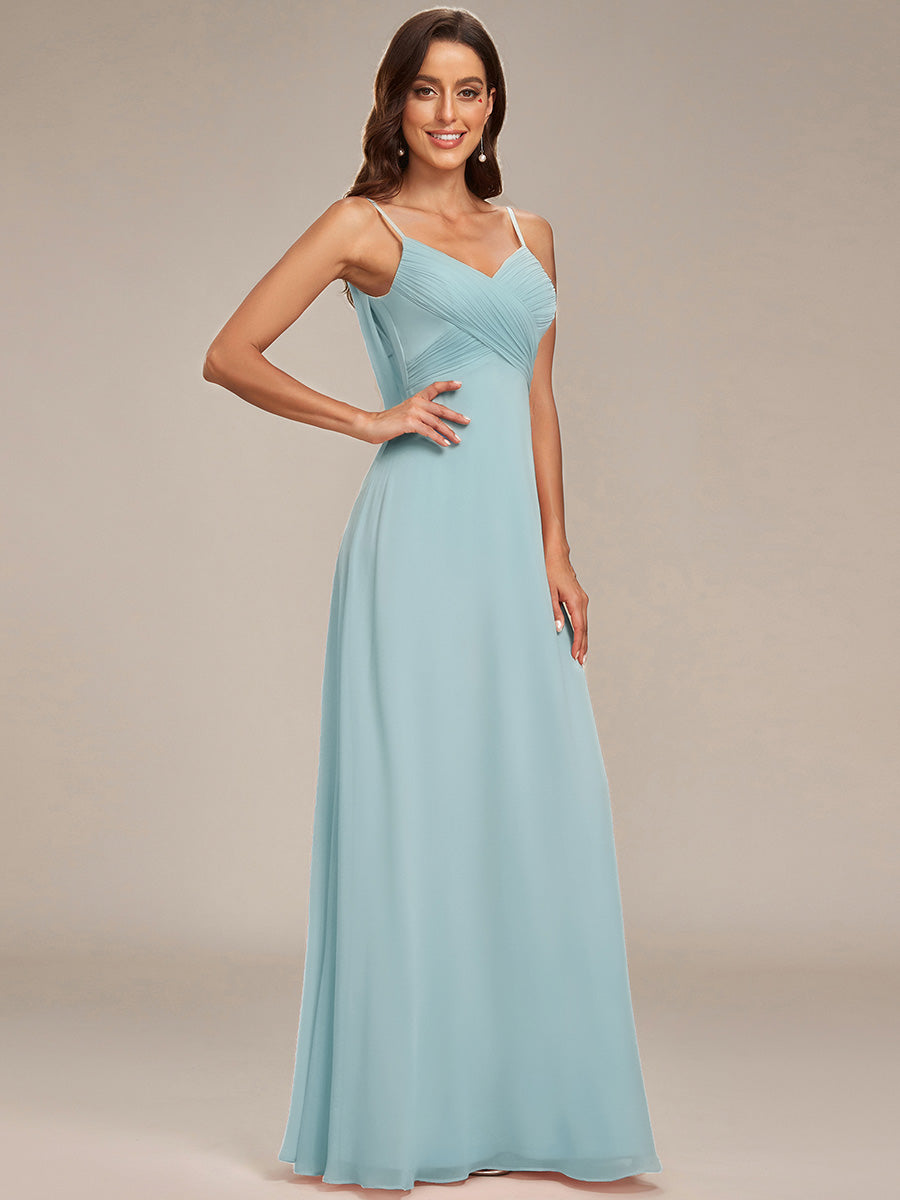 Bodenlanger V-Ausschnitt A-Linie Chiffon Kleid Plissiert Rückenfrei Eleganz Kleid #Farbe_Himmelblau