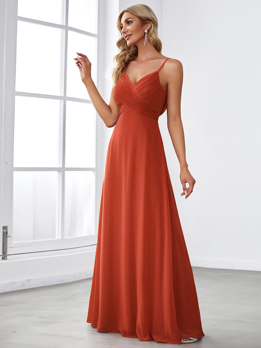 Bodenlanger V-Ausschnitt A-Linie Chiffon Kleid Plissiert Rückenfrei Eleganz Kleid #Farbe_Gebranntes Orange