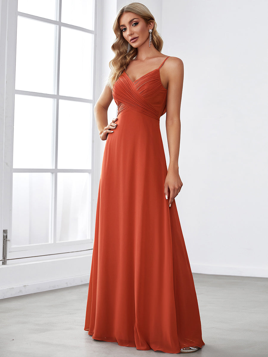 Bodenlanger V-Ausschnitt A-Linie Chiffon Kleid Plissiert Rückenfrei Eleganz Kleid #Farbe_Gebranntes Orange