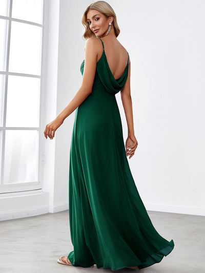Bodenlanger V-Ausschnitt A-Linie Chiffon Kleid Plissiert Rückenfrei Eleganz Kleid #Farbe_Dunkelgrün