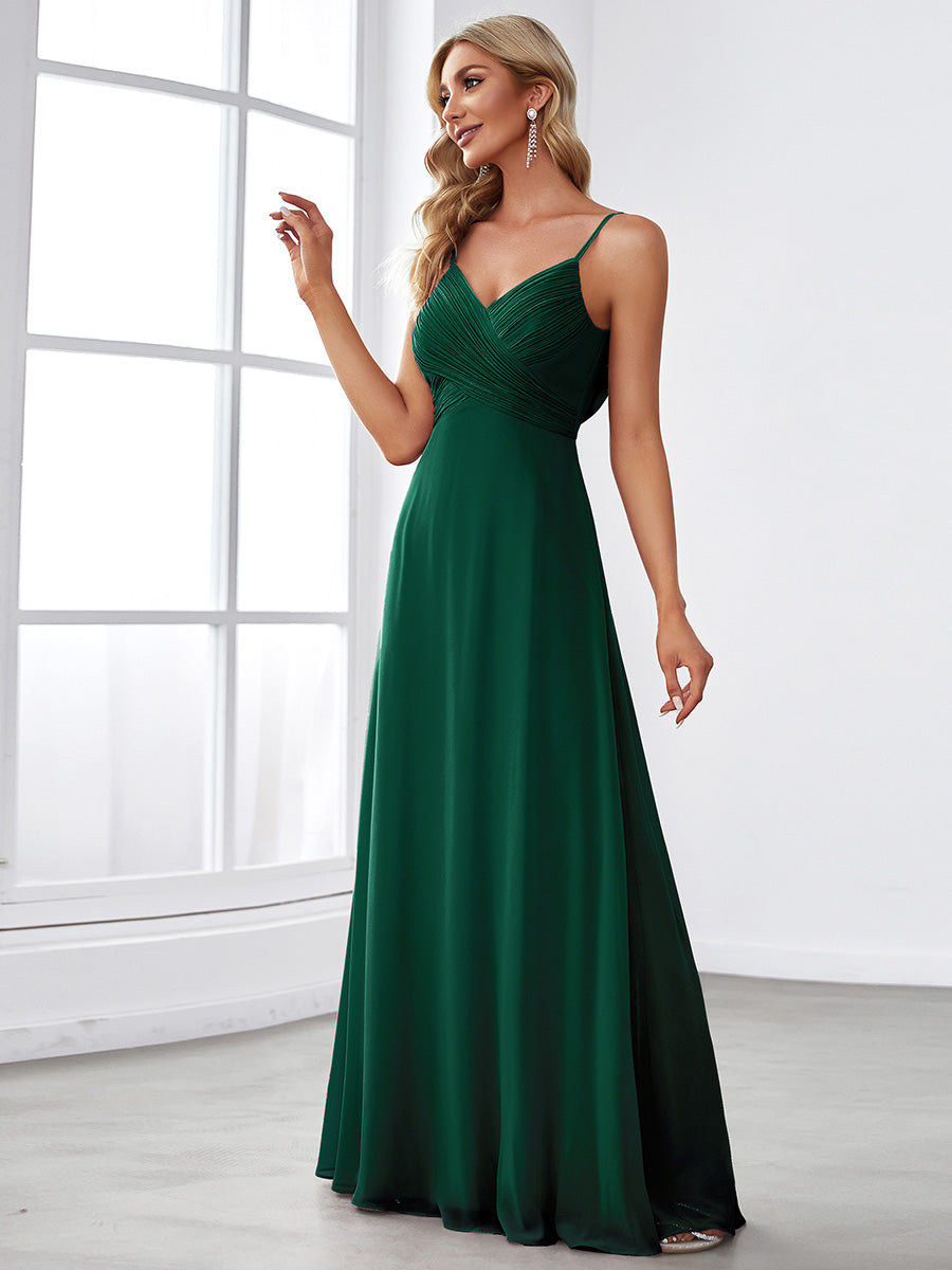 Bodenlanger V-Ausschnitt A-Linie Chiffon Kleid Plissiert Rückenfrei Eleganz Kleid #Farbe_Dunkelgrün