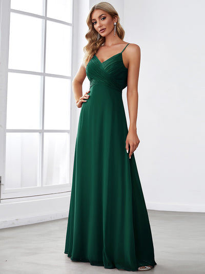 Bodenlanger V-Ausschnitt A-Linie Chiffon Kleid Plissiert Rückenfrei Eleganz Kleid #Farbe_Dunkelgrün