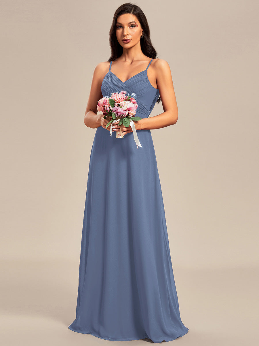 Bodenlanger V-Ausschnitt A-Linie Chiffon Kleid Plissiert Rückenfrei Eleganz Kleid #Farbe_Taubenblau