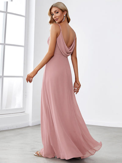 Bodenlanger V-Ausschnitt A-Linie Chiffon Kleid Plissiert Rückenfrei Eleganz Kleid #Farbe_Altrosa