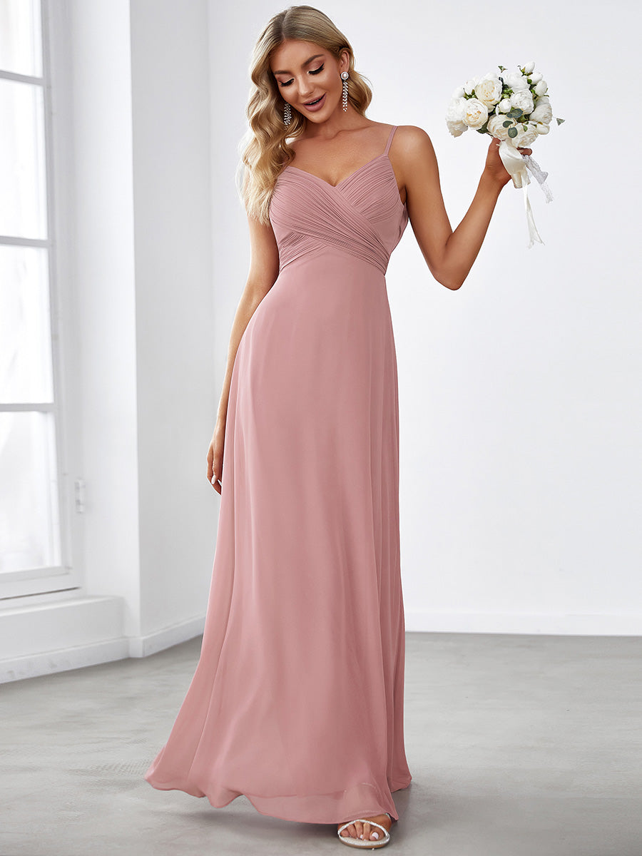 Bodenlanger V-Ausschnitt A-Linie Chiffon Kleid Plissiert Rückenfrei Eleganz Kleid #Farbe_Altrosa