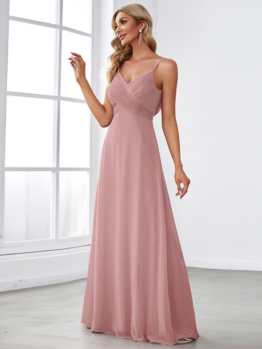 Bodenlanger V-Ausschnitt A-Linie Chiffon Kleid Plissiert Rückenfrei Eleganz Kleid #Farbe_Altrosa