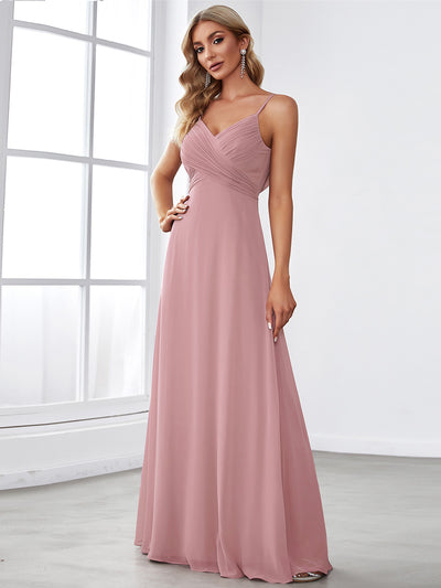Bodenlanger V-Ausschnitt A-Linie Chiffon Kleid Plissiert Rückenfrei Eleganz Kleid #Farbe_Altrosa