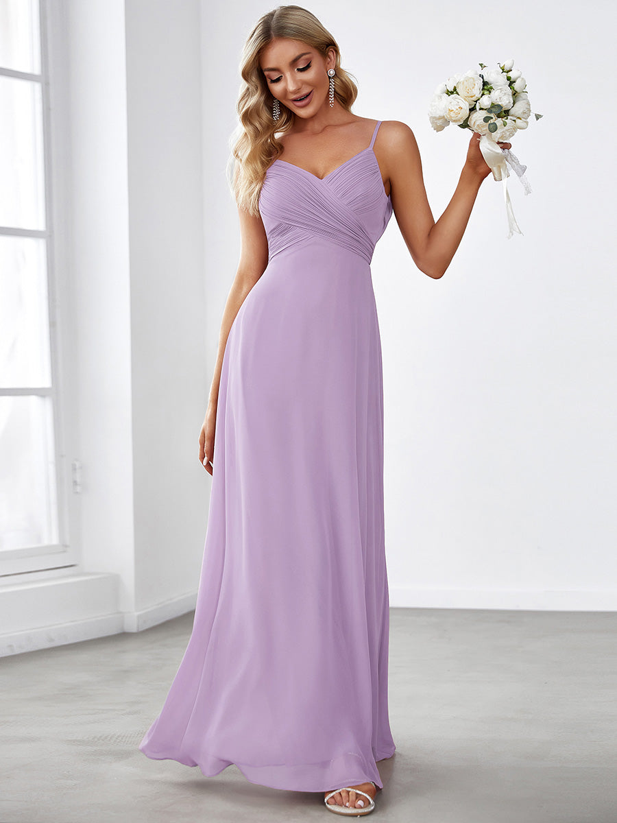 Bodenlanger V-Ausschnitt A-Linie Chiffon Kleid Plissiert Rückenfrei Eleganz Kleid #Farbe_Mattflieder