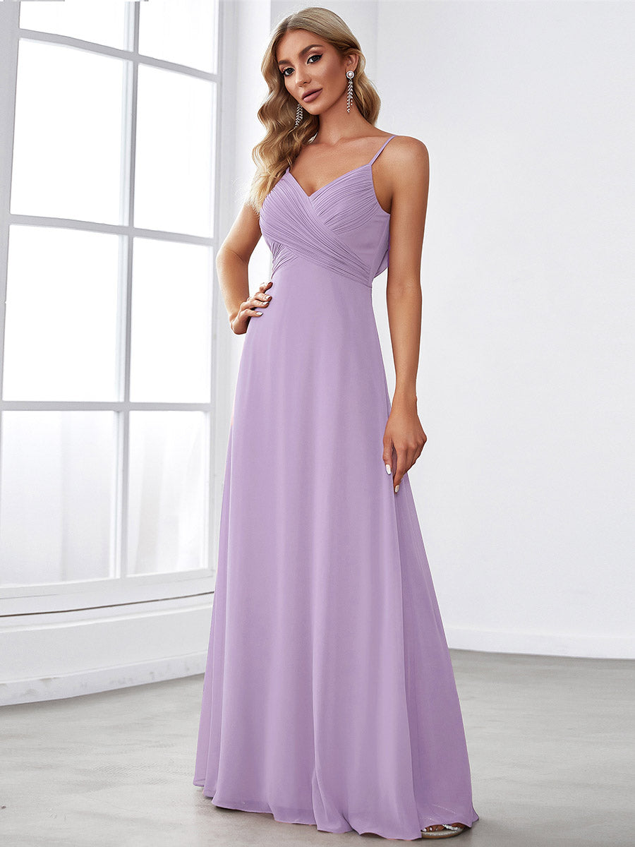 Bodenlanger V-Ausschnitt A-Linie Chiffon Kleid Plissiert Rückenfrei Eleganz Kleid #Farbe_Mattflieder