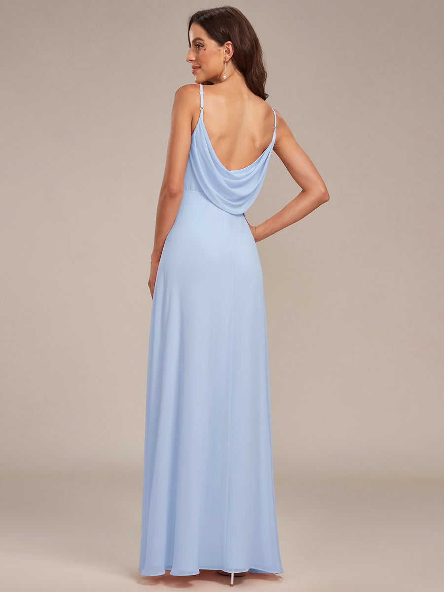 Bodenlanger V-Ausschnitt A-Linie Chiffon Kleid Plissiert Rückenfrei Eleganz Kleid #Farbe_Eisblau