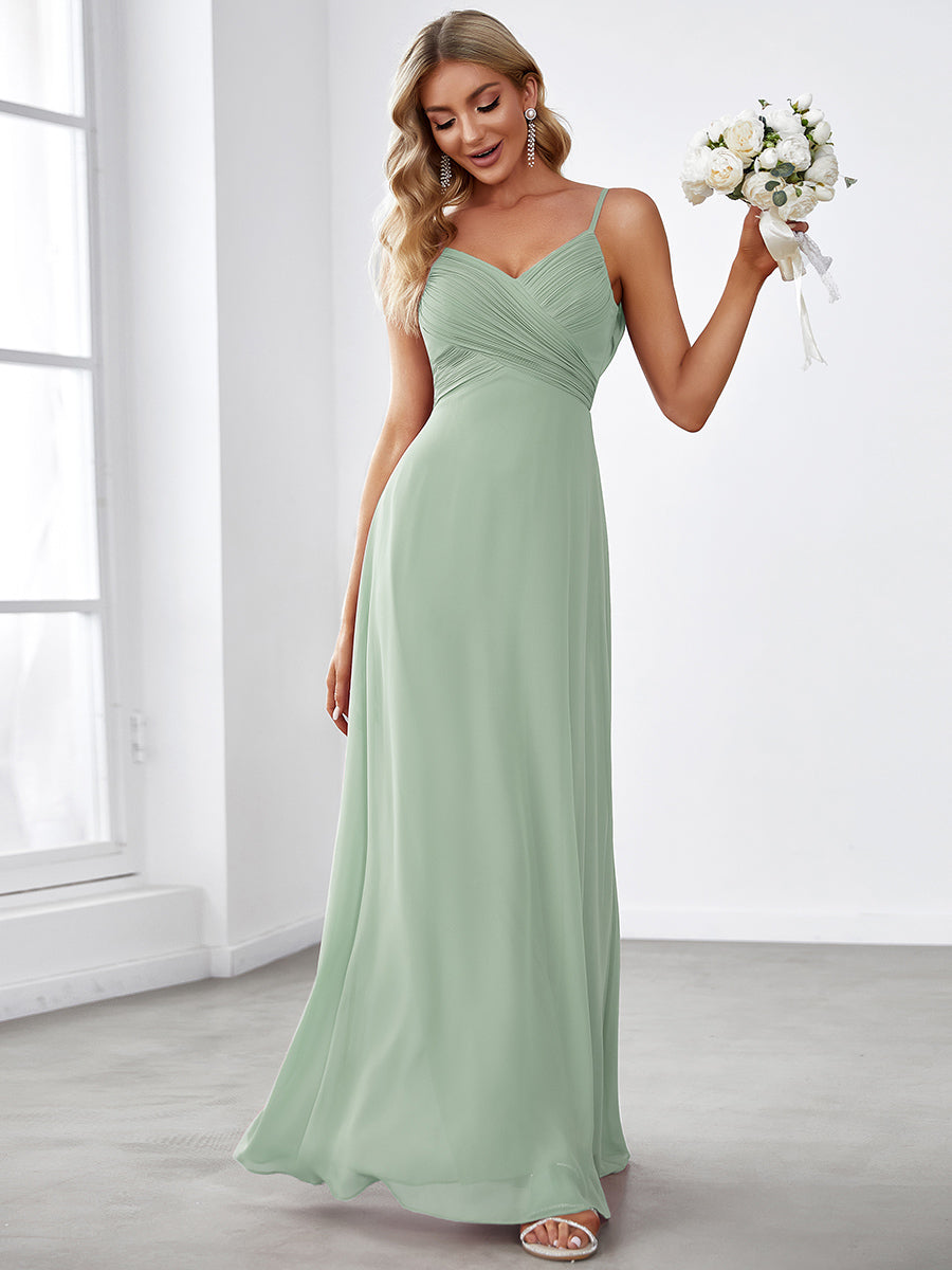 Bodenlanger V-Ausschnitt A-Linie Chiffon Kleid Plissiert Rückenfrei Eleganz Kleid #Farbe_Mintgrün