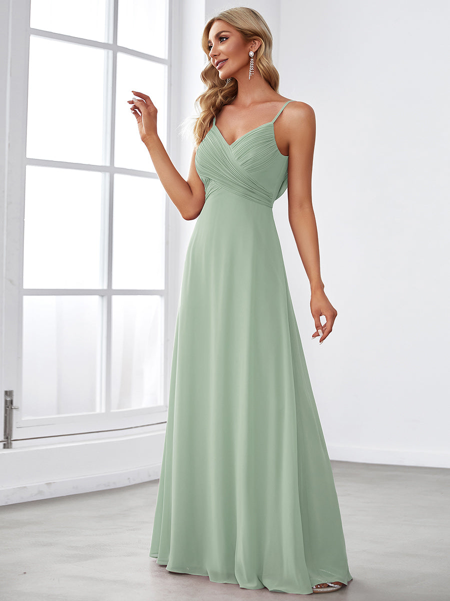 Bodenlanger V-Ausschnitt A-Linie Chiffon Kleid Plissiert Rückenfrei Eleganz Kleid #Farbe_Mintgrün