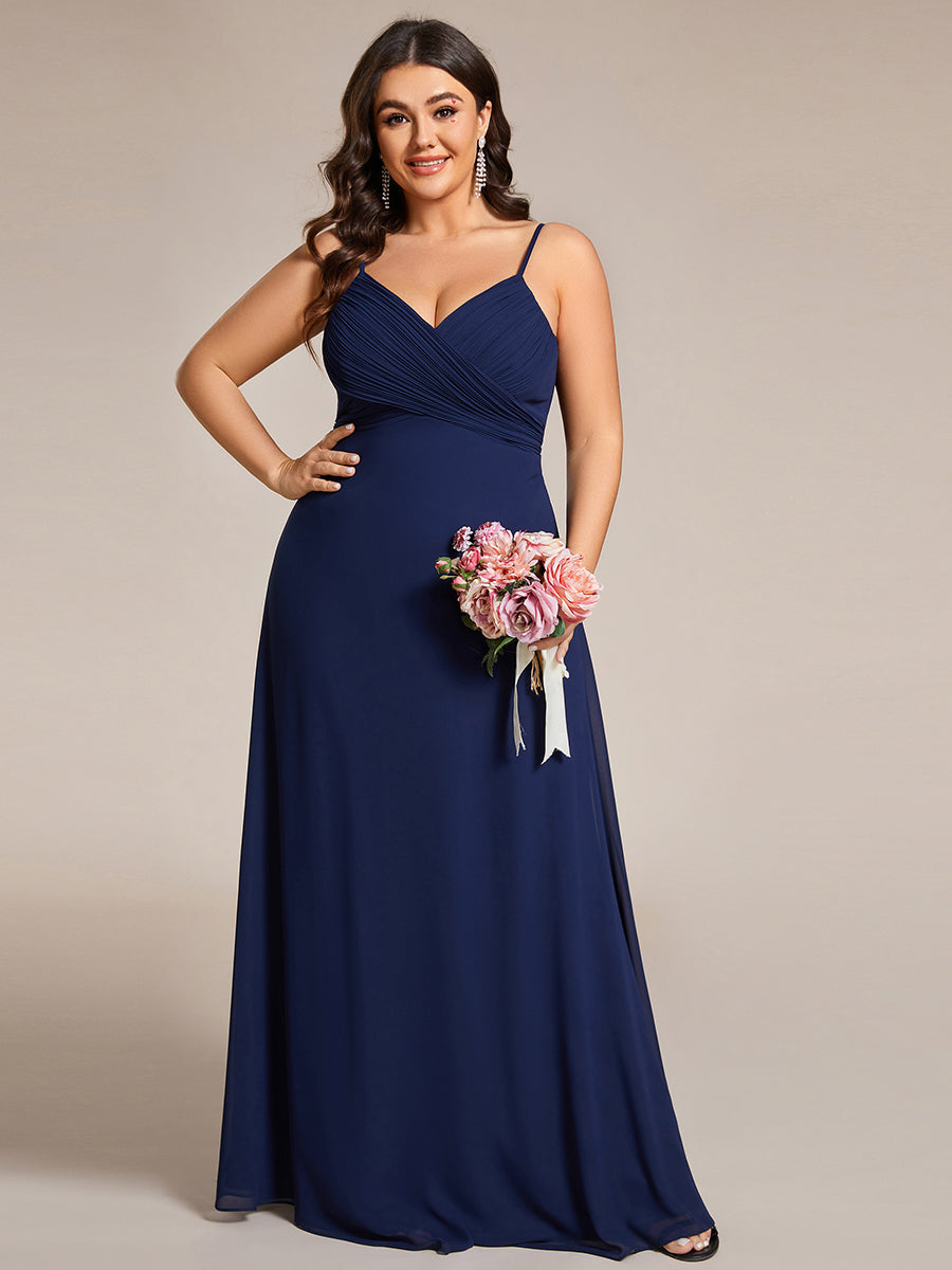 Bodenlanger V-Ausschnitt A-Linie Chiffon Kleid Plissiert Rückenfrei Eleganz Kleid #Farbe_Marineblau
