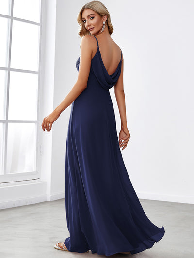 Bodenlanger V-Ausschnitt A-Linie Chiffon Kleid Plissiert Rückenfrei Eleganz Kleid #Farbe_Marineblau