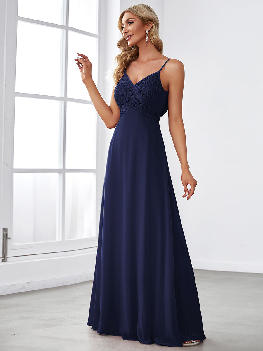 Bodenlanger V-Ausschnitt A-Linie Chiffon Kleid Plissiert Rückenfrei Eleganz Kleid #Farbe_Marineblau