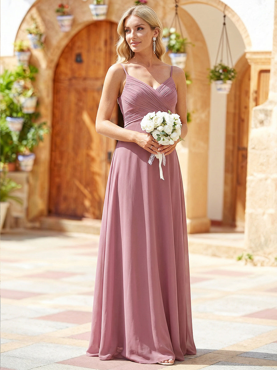 Bodenlanger V-Ausschnitt A-Linie Chiffon Kleid Plissiert Rückenfrei Eleganz Kleid #Farbe_Orchideenviolett