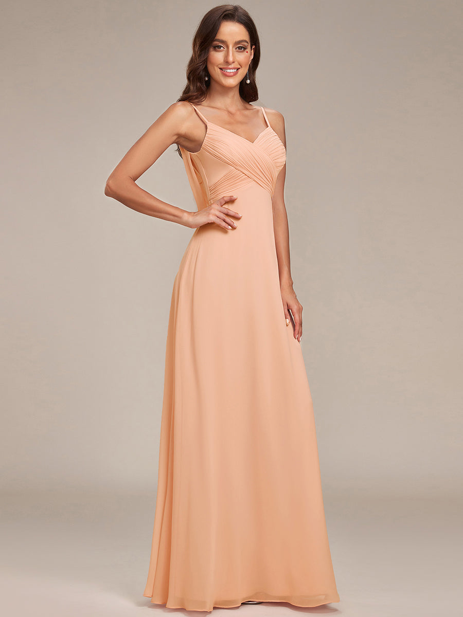Bodenlanger V-Ausschnitt A-Linie Chiffon Kleid Plissiert Rückenfrei Eleganz Kleid #Farbe_Pfirsich