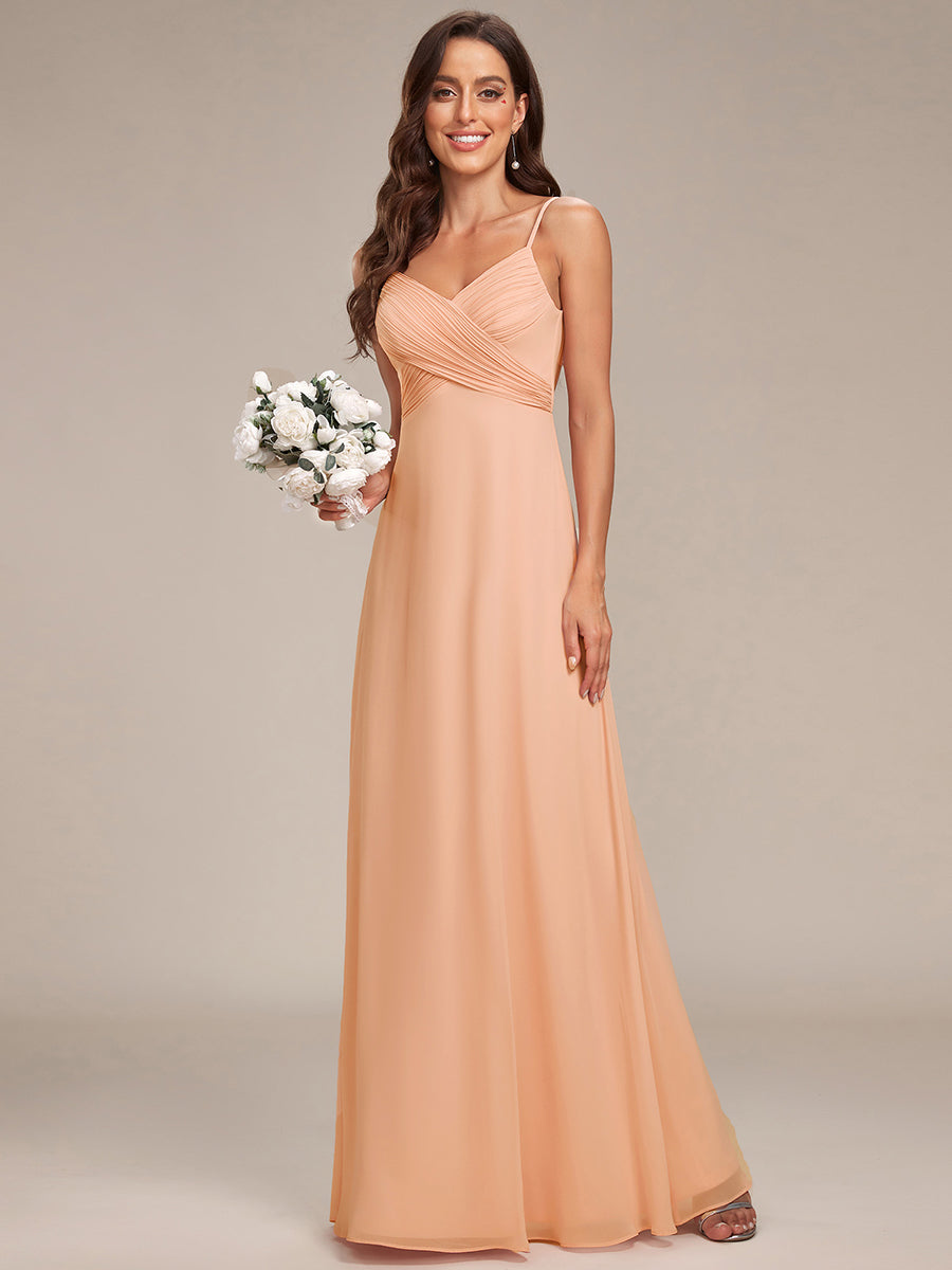 Bodenlanger V-Ausschnitt A-Linie Chiffon Kleid Plissiert Rückenfrei Eleganz Kleid #Farbe_Pfirsich