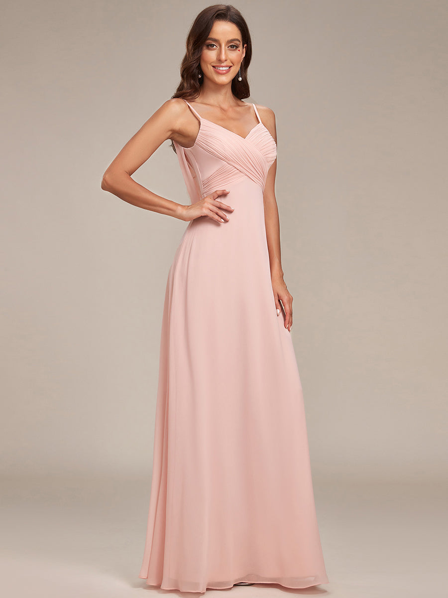 Bodenlanger V-Ausschnitt A-Linie Chiffon Kleid Plissiert Rückenfrei Eleganz Kleid #Farbe_Rosa