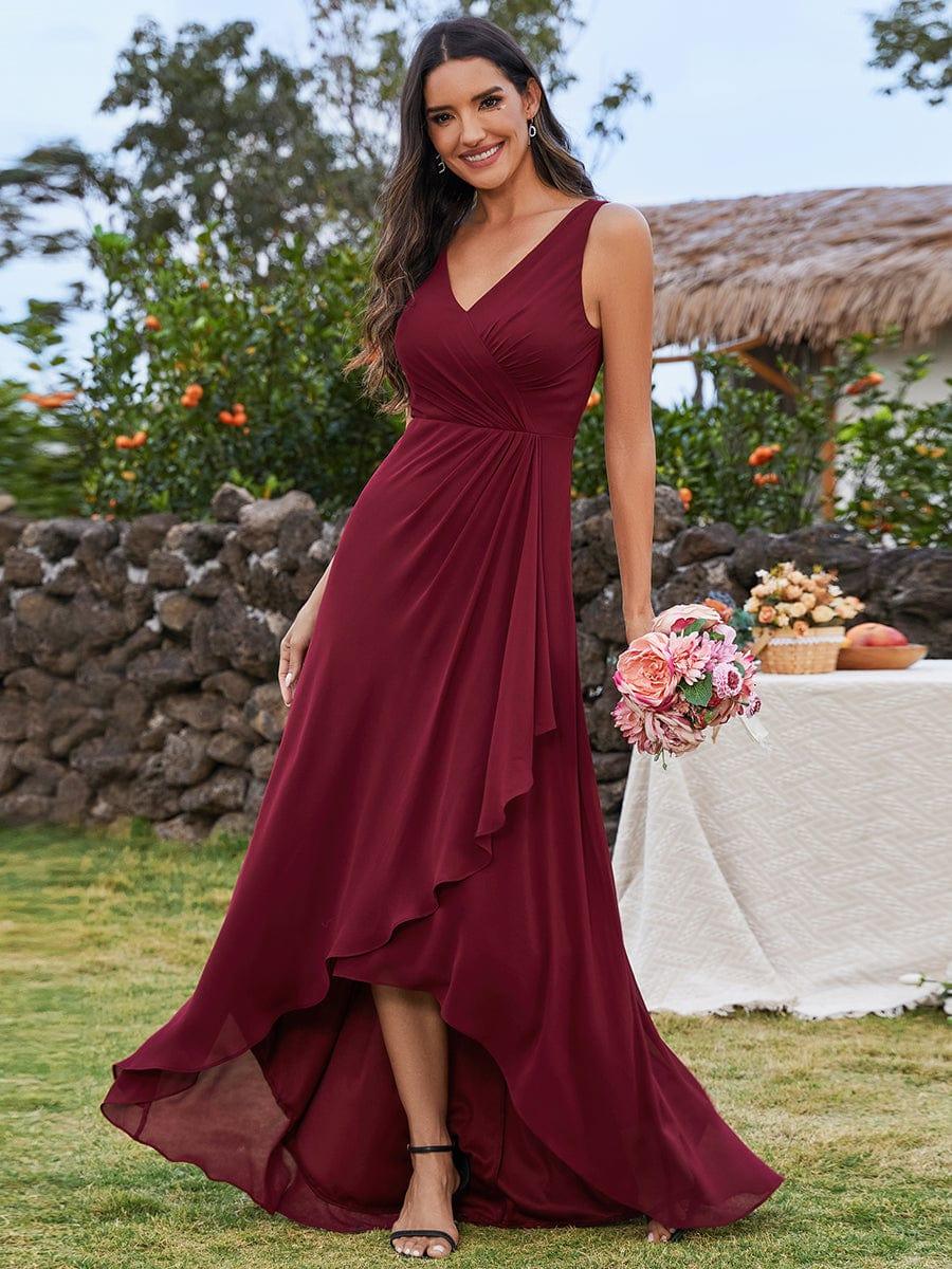 Robe d'invit¨¦ de mariage trap¨¨ze en mousseline fluide ¨¤ encolure ronde et longueur au genou #farbe_Burgundy