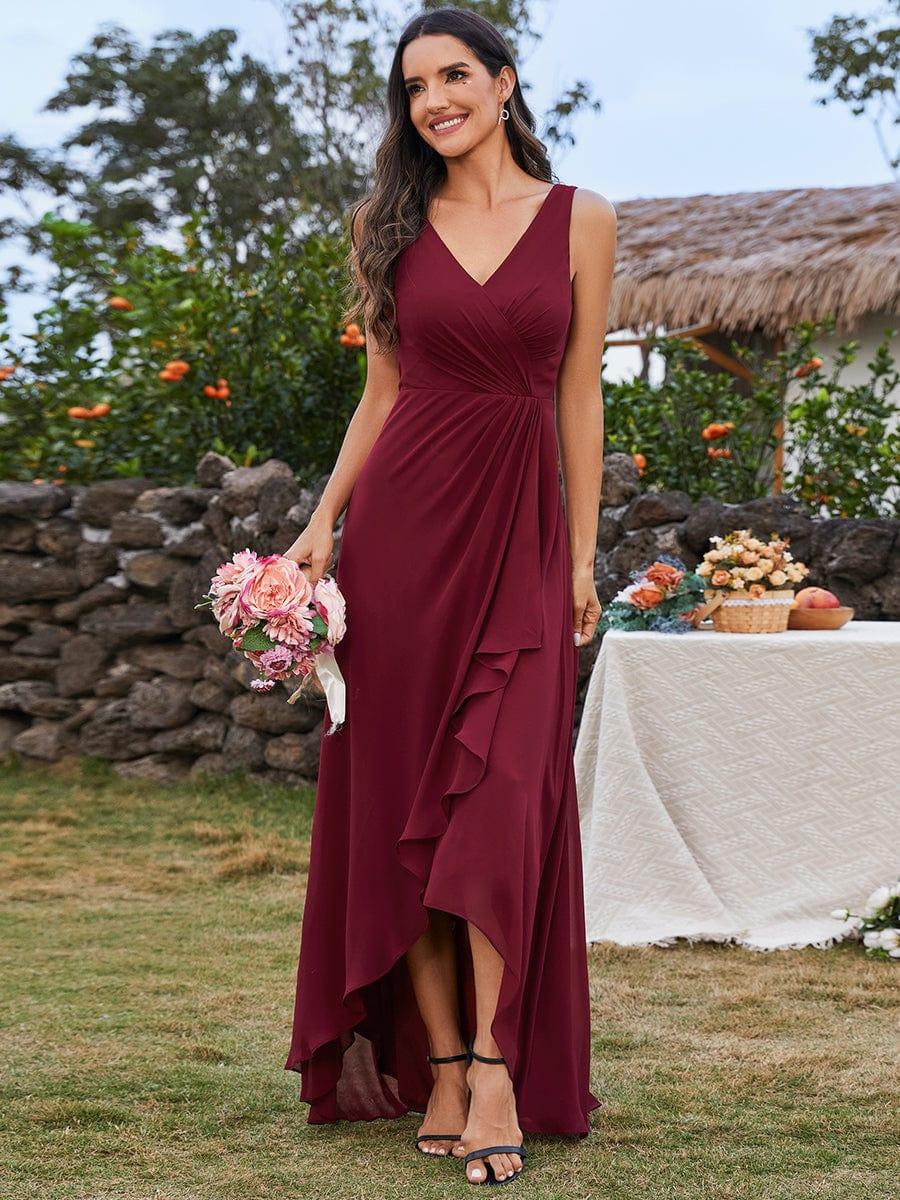 Robe d'invit¨¦ de mariage trap¨¨ze en mousseline fluide ¨¤ encolure ronde et longueur au genou #farbe_Burgundy