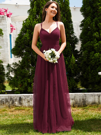 Bodenlanger V-Ausschnitt A-Linie Mesh Kleid Mit Tiefem V-Ausschnitt Und Wimpernspitzen #Farbe_Burgunderrot