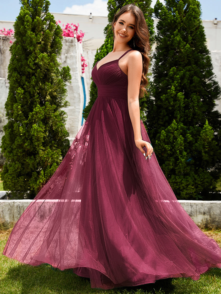 Bodenlanger V-Ausschnitt A-Linie Mesh Kleid Mit Tiefem V-Ausschnitt Und Wimpernspitzen #Farbe_Burgunderrot