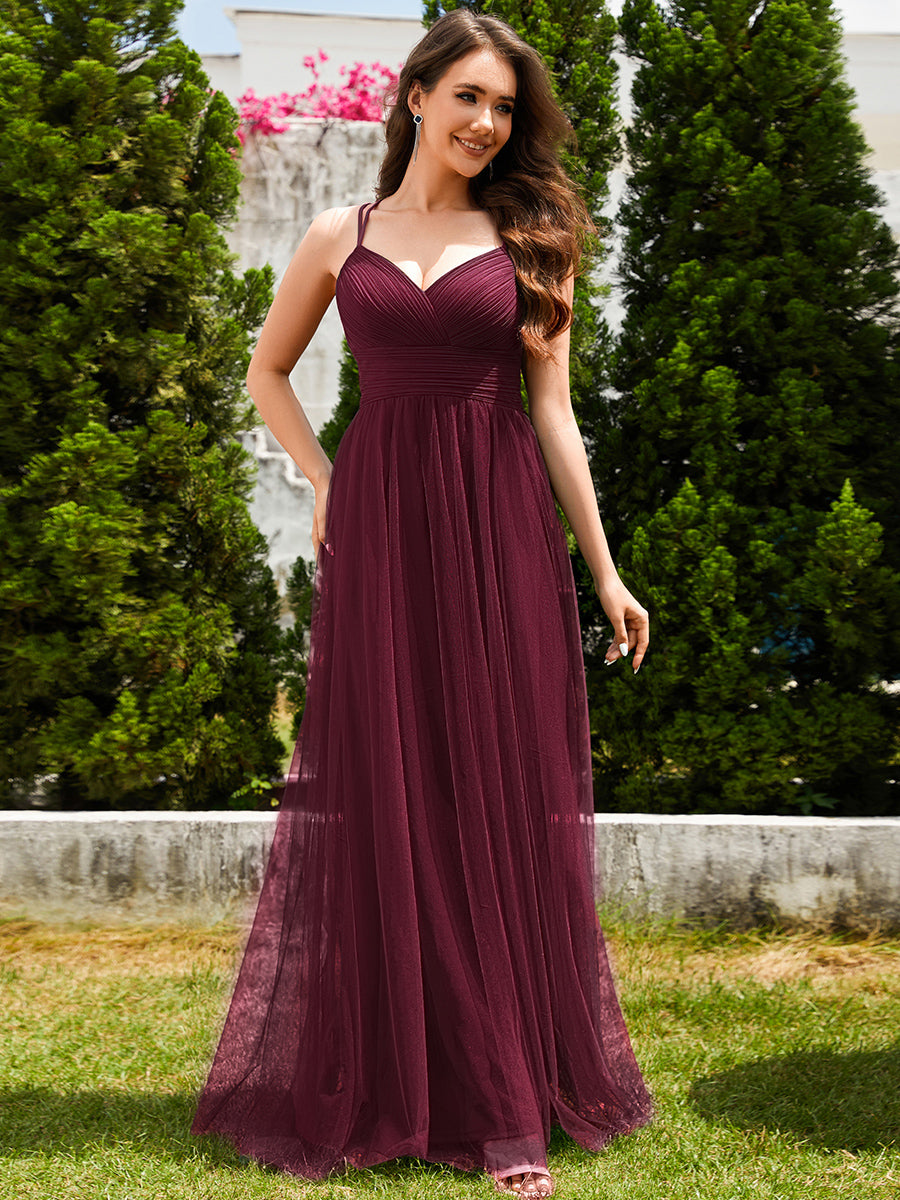 Bodenlanger V-Ausschnitt A-Linie Mesh Kleid Mit Tiefem V-Ausschnitt Und Wimpernspitzen #Farbe_Burgunderrot