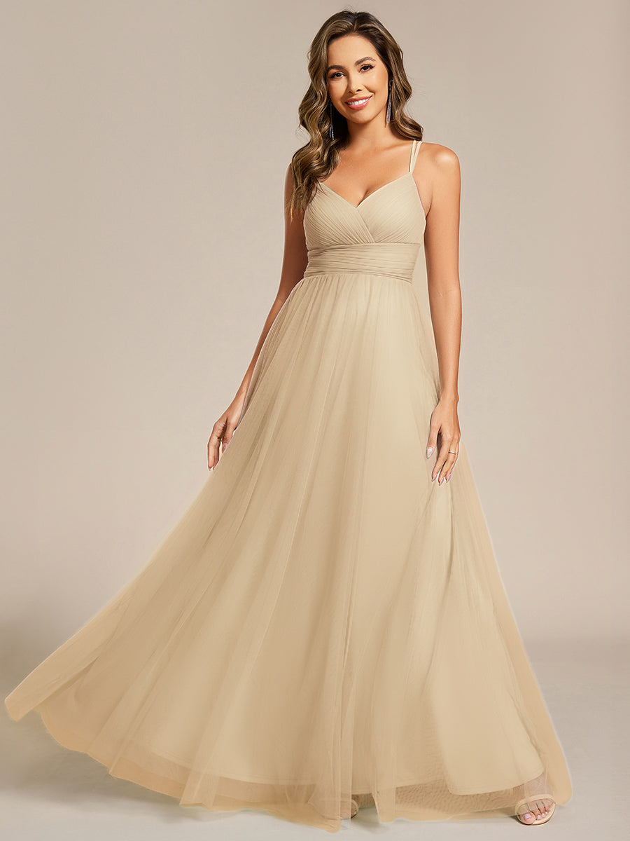 Bodenlanger V-Ausschnitt A-Linie Mesh Kleid Mit Tiefem V-Ausschnitt Und Wimpernspitzen #Farbe_Champagner