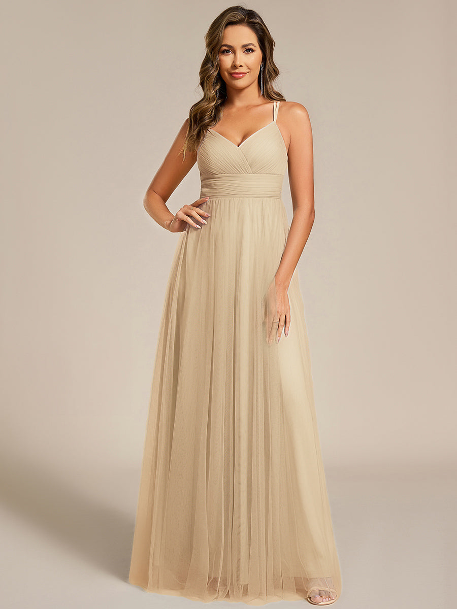 Bodenlanger V-Ausschnitt A-Linie Mesh Kleid Mit Tiefem V-Ausschnitt Und Wimpernspitzen #Farbe_Champagner