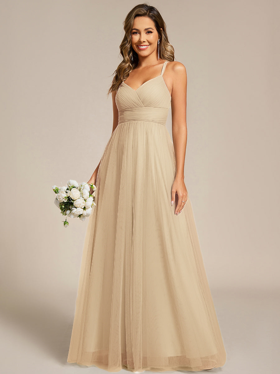 Bodenlanger V-Ausschnitt A-Linie Mesh Kleid Mit Tiefem V-Ausschnitt Und Wimpernspitzen #Farbe_Champagner