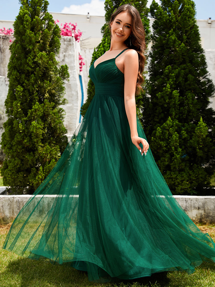 Bodenlanger V-Ausschnitt A-Linie Mesh Kleid Mit Tiefem V-Ausschnitt Und Wimpernspitzen #Farbe_Dunkelgrün