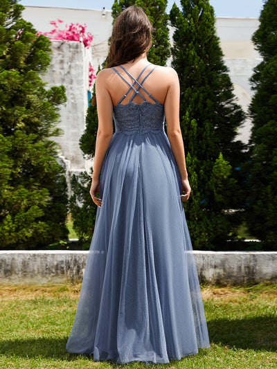 Bodenlanger V-Ausschnitt A-Linie Mesh Kleid Mit Tiefem V-Ausschnitt Und Wimpernspitzen #Farbe_Taubenblau